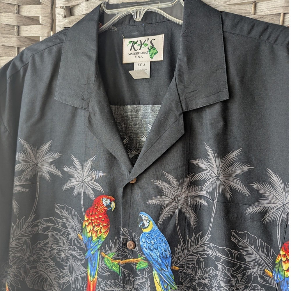 KY'S Hawaiian Short Sleeve Camp Shirt Black Parrot Palm Tree Print Mens Sz 2XL